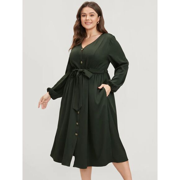 NWT Bloomchic 14-16 Solid Button Pocket Lantern Sleeve Tie Up Dress GREEN Dress - Picture 1 of 9